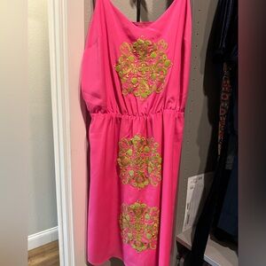 Lilly Pulitzer Jenafer Chiffon Tropical Pink Flamingo Panel Embroidered Dress